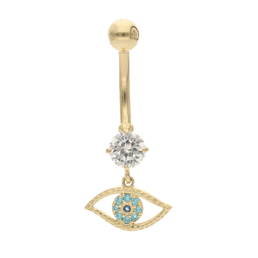 Gold belly button ring with a clear gemstone and eye design on a white background