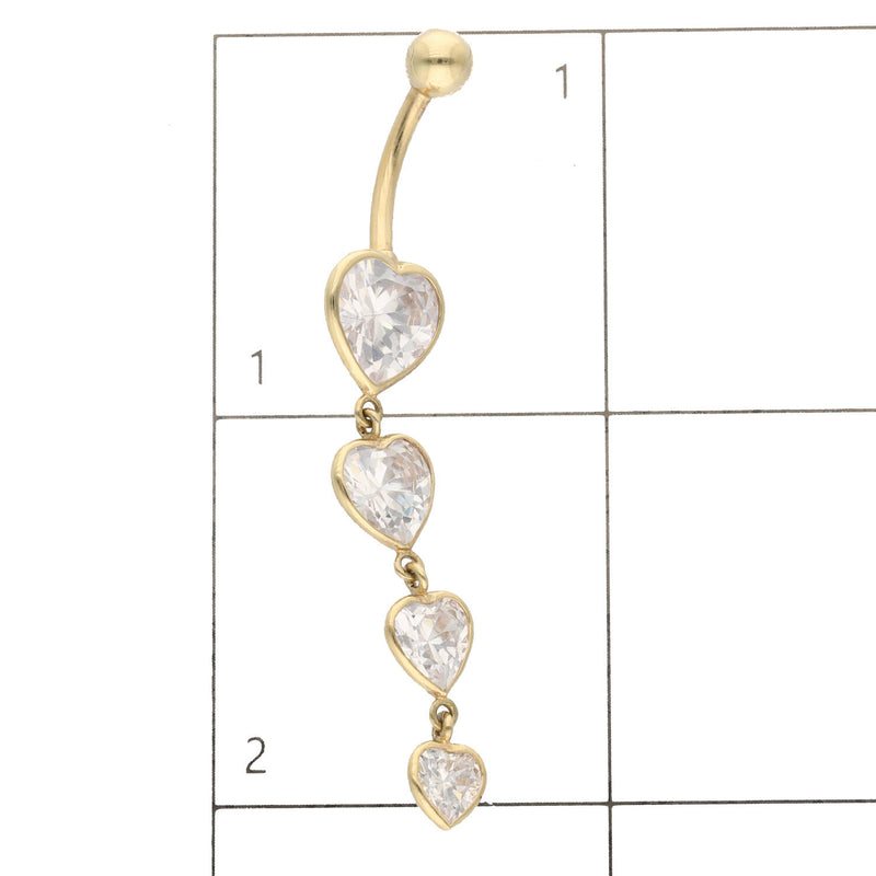 Real Gold belly button ring with four heart-shaped CZ gemstones on a white background under a grid to see the size