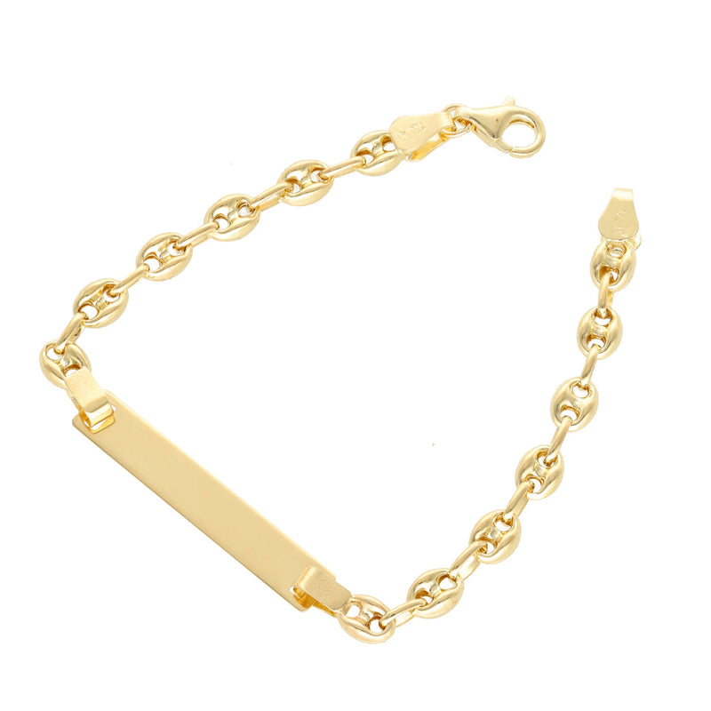 A 14 Karat Gold Puff Mariner ID Bracelet with a Customizable TAG in the center to engrave the name, displayed on a white background.