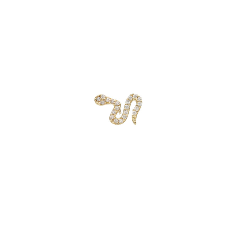 Gold snake-shaped piercing cartilage with embedded colorless cubic zirconia on a white background
