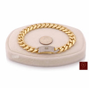 14 Karat Real Gold Monaco Cuban Link Hollow Bracelet of 15MM wide displayed n a beautiful Suede Display at Veka Jewelry