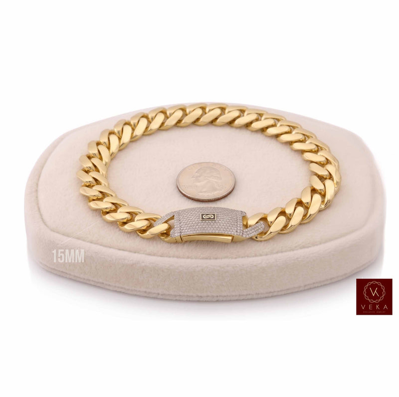 14 Karat Real Gold Monaco Cuban Link Hollow Bracelet of 15MM wide displayed n a beautiful Suede Display at Veka Jewelry