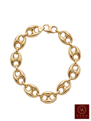 Flat view of a 15mm men's puff mariner link bracelet showing the secure lobster lock in 10K yellow gold