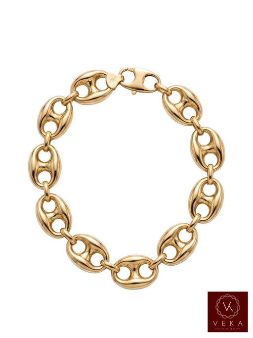 Flat view of a 15mm men's puff mariner link bracelet showing the secure lobster lock in 10K yellow gold