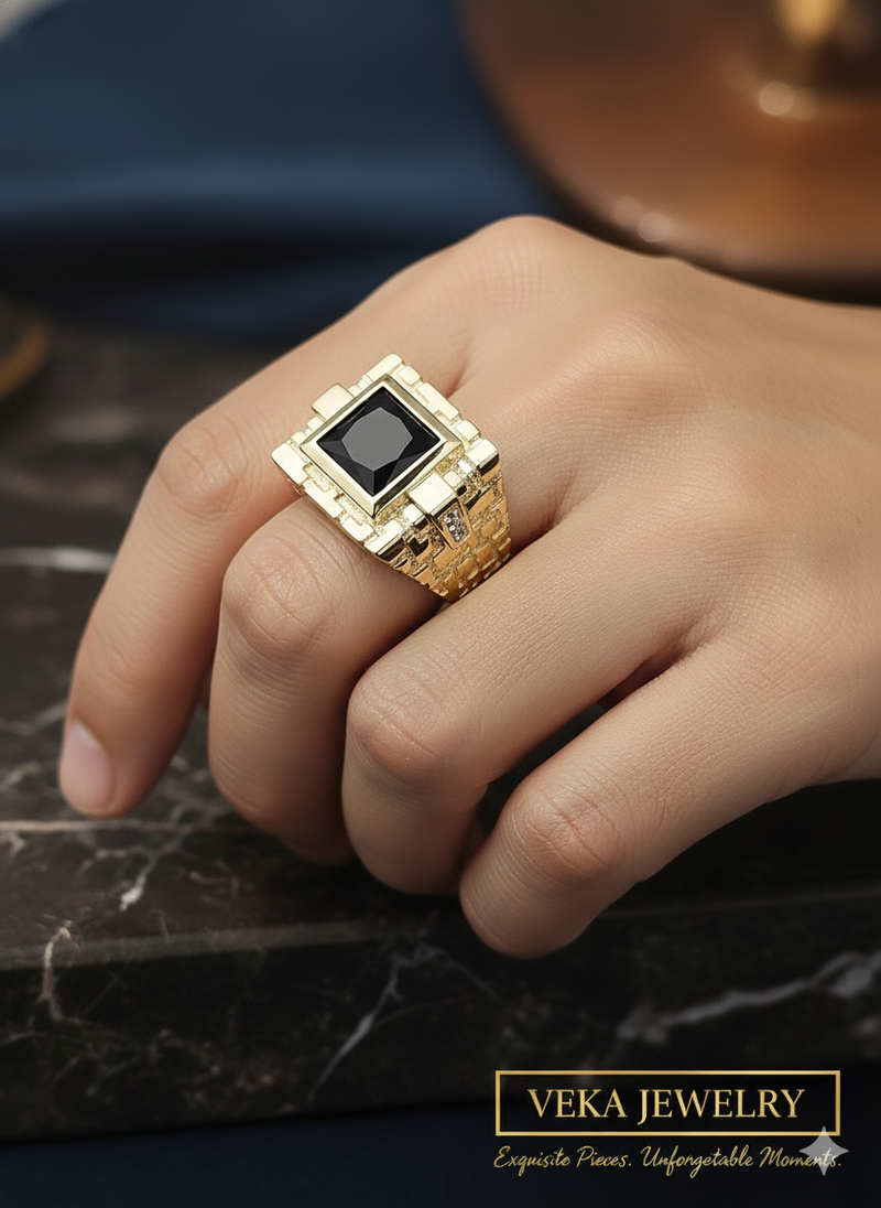 10K Gold Nugget Ring with Black Onyx Stone for Men 💎