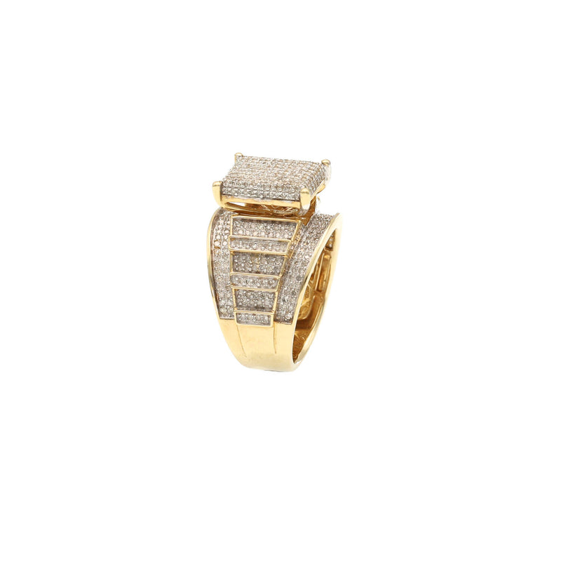 Three-quarter view of the 1ctw natural diamond engagement ring, emphasizing the sparkle of the pave-set diamonds against the yellow gold.