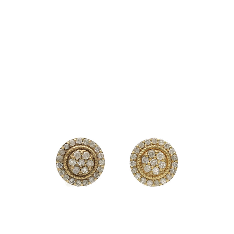 A pair of 10 karat gold round stud earrings with diamond embellishments.