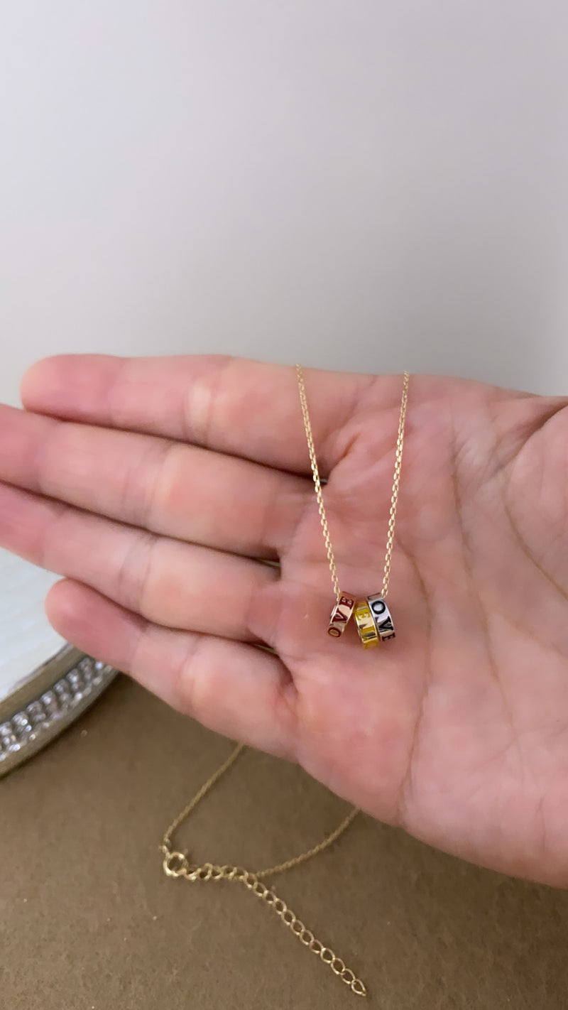 14 Karat Three Tone Gold Three Love Rings Necklace