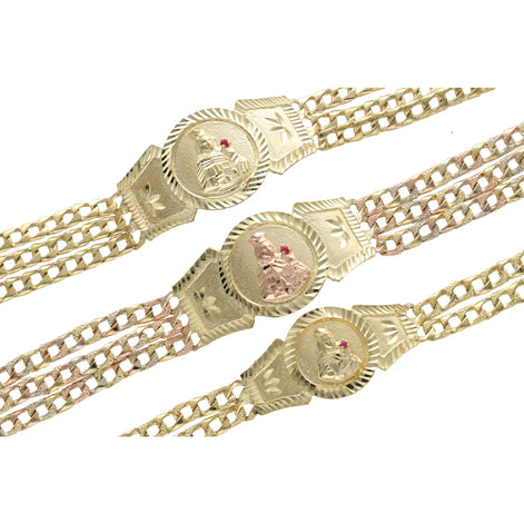 3 3 row 10k Real Gold Valentino bracelets in three different sizes. Two in plain yellow gold and in three tone gold. The links are cuban.