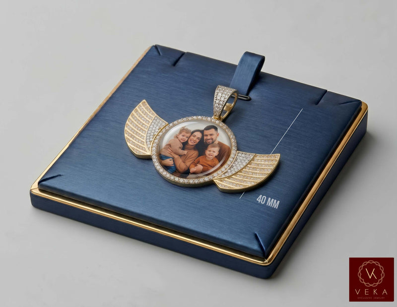 10K Yellow Gold CZ Angel Wings Memory Photo Pendant Charm (8g)