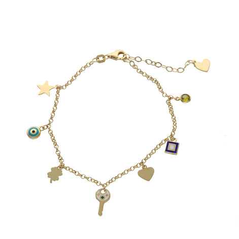 14K yellow gold evil eye charm bracelet with Rolo chain featuring clover, key, and star charms on white background
