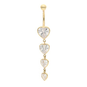 Real Gold belly button ring with four heart-shaped CZ gemstones on a white background