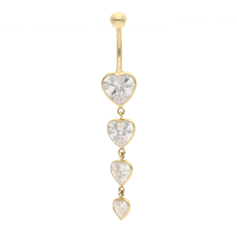 Real Gold belly button ring with four heart-shaped CZ gemstones on a white background