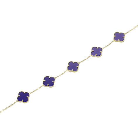 10K gold clover bracelet with lapis lazuli color stones featuring four leaf clover charms - lucky charm bracelet for women by Veka Jewelry
