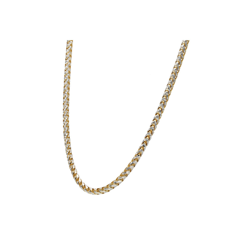 Close up angled view of 4mm diamond cut round Franco chain in genuine 10K two tone gold