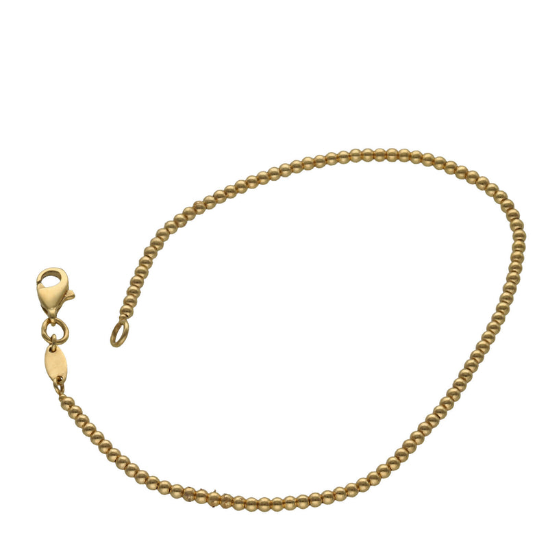 Individual 7-inch long 14K solid yellow gold 2mm Moon Beaded polished bracelet with a secure lobster clasp on a clean white background.