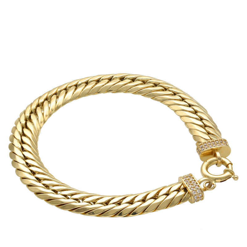 14K yellow gold hollow link bracelet for women, 8.5mm width, displayed in a circular top-down view showing the high-polish finish
