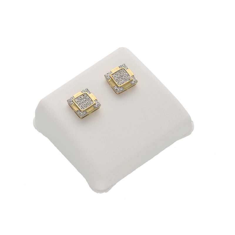 A pair of square 8mm men's diamond cluster earrings in solid 10K yellow gold displayed on a white jewelry cushion