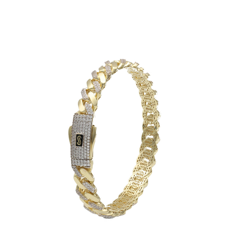 Frontal view of an 8mm Monaco Miami link bangle in real 10k yellow gold with a diamond-like Swarovski box lock
