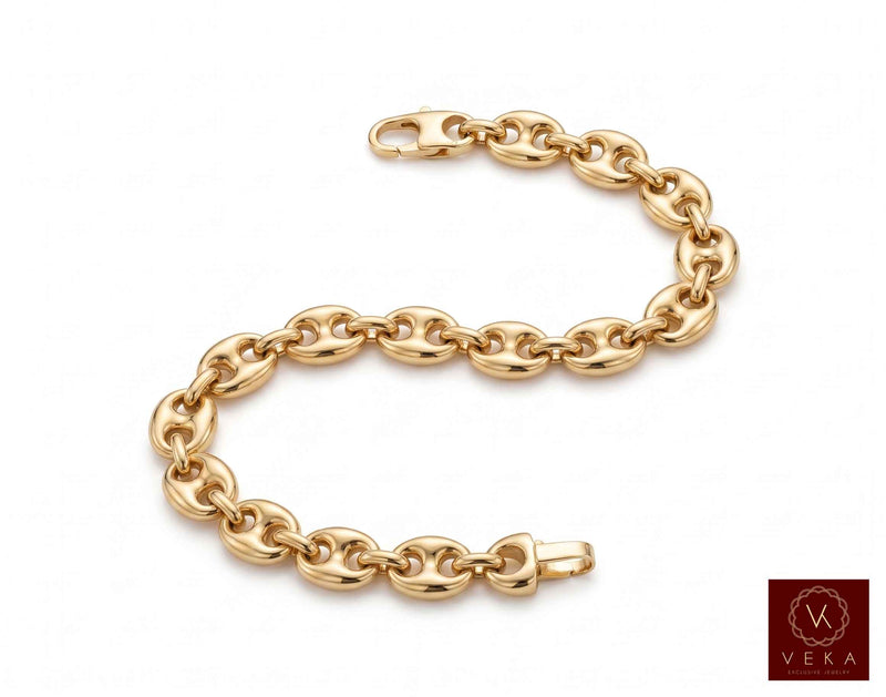 Flat view of a 8mm men's puffed mariner link bracelet showing the secure lobster lock in 14K yellow gold