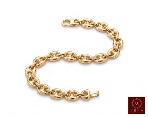 Flat view of a 8mm men's puffed mariner link bracelet showing the secure lobster lock in 14K yellow gold