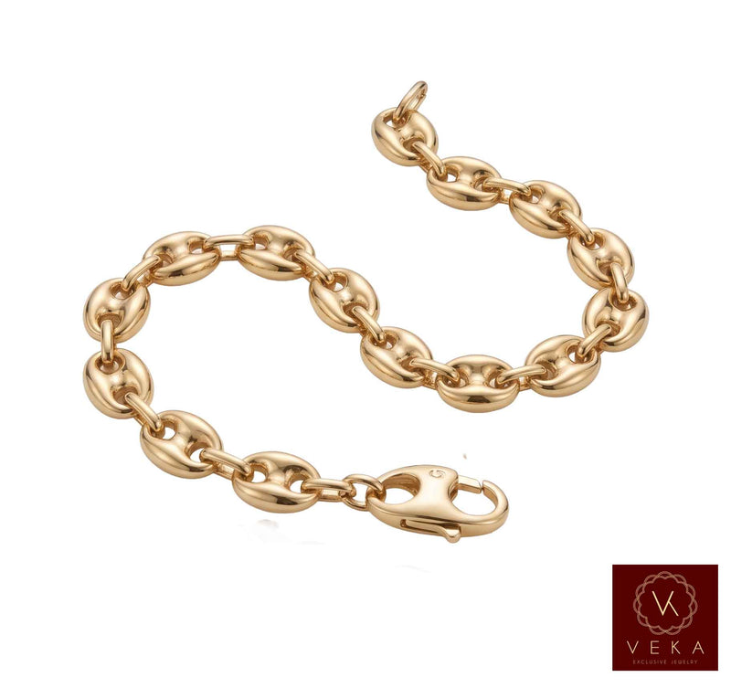 Flat view of a 9mm men's puffed mariner link bracelet showing the secure lobster lock in 14K yellow gold