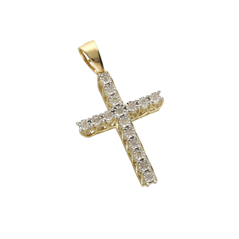 Perspective shot highlighting the polished yellow gold bail and the high-brilliance diamond cut miracle settings across both vertical and horizontal bars.