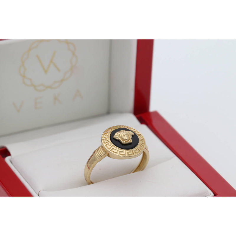 10 Karat Gold Black Onyx Medusa with Maze Round Ring