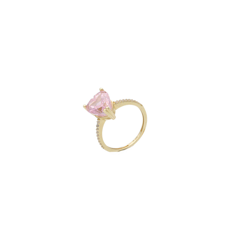 10K Yellow Gold Pink Heart Ring with White Zircon Accents - Romantic Statement Ring