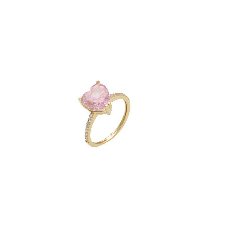 10K Yellow Gold Pink Heart Ring with White Zircon Accents - Romantic Statement Ring
