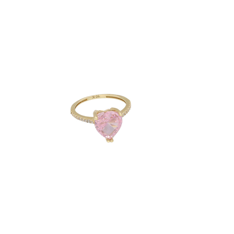 10K Yellow Gold Pink Heart Ring with White Zircon Accents - Romantic Statement Ring