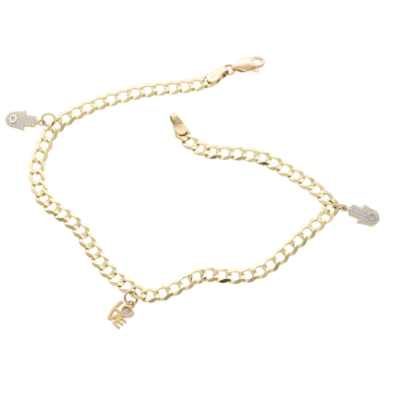 14K Gold Italian Curb Hamsa Love Anklet - Zirconia Charms | Veka