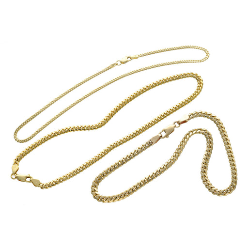 A 14 karat gold Miami Cuban link chain anklet with a lobster lock clasp.