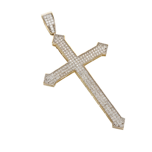Large slim gold cross charm showing arrow-shaped edges and cubic zirconia coverage