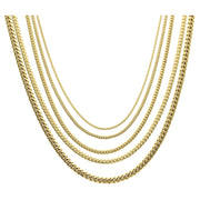 A set of gold Miami Cuban link chains with lobster locks, available in varying widths.