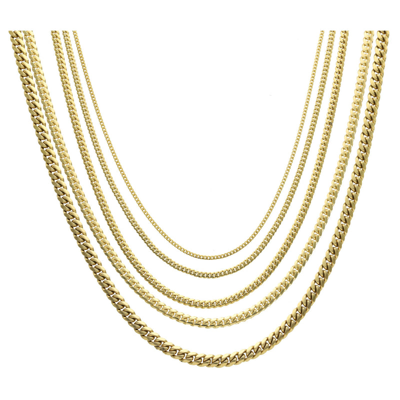 A set of gold Miami Cuban link chains with lobster locks, available in varying widths.