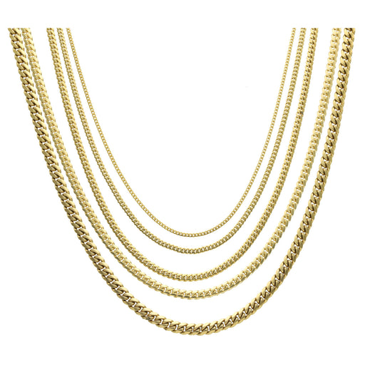 A set of gold Miami Cuban link chains with lobster locks, available in varying widths.