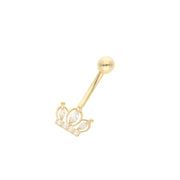 Gold belly button ring with crown design and clear stones on a white background