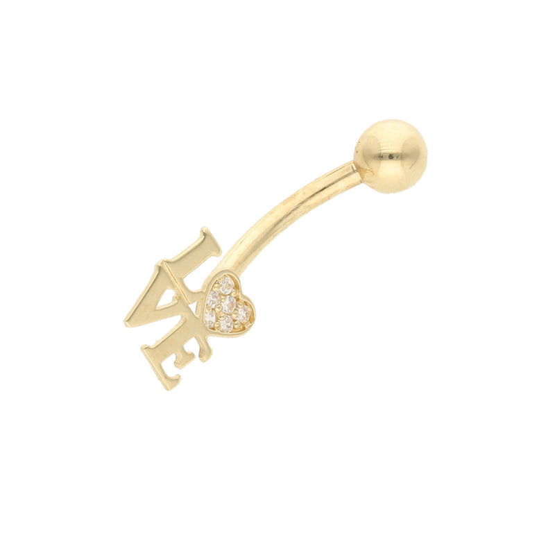 Real 14k Gold belly button ring with 'LOVE' and heart design on a white background