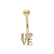 Real 14k Gold belly button ring with 'LOVE' and heart design on a white background