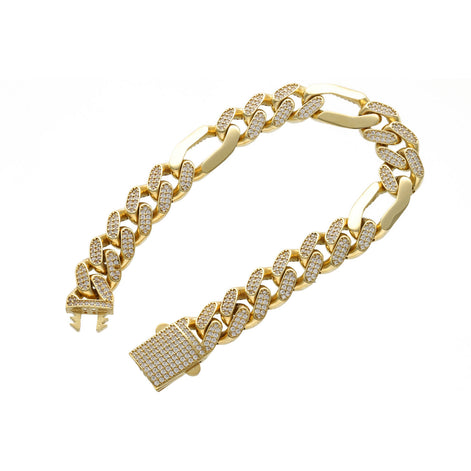 Gold & CZ Lock Cuban Figaro Bracelet