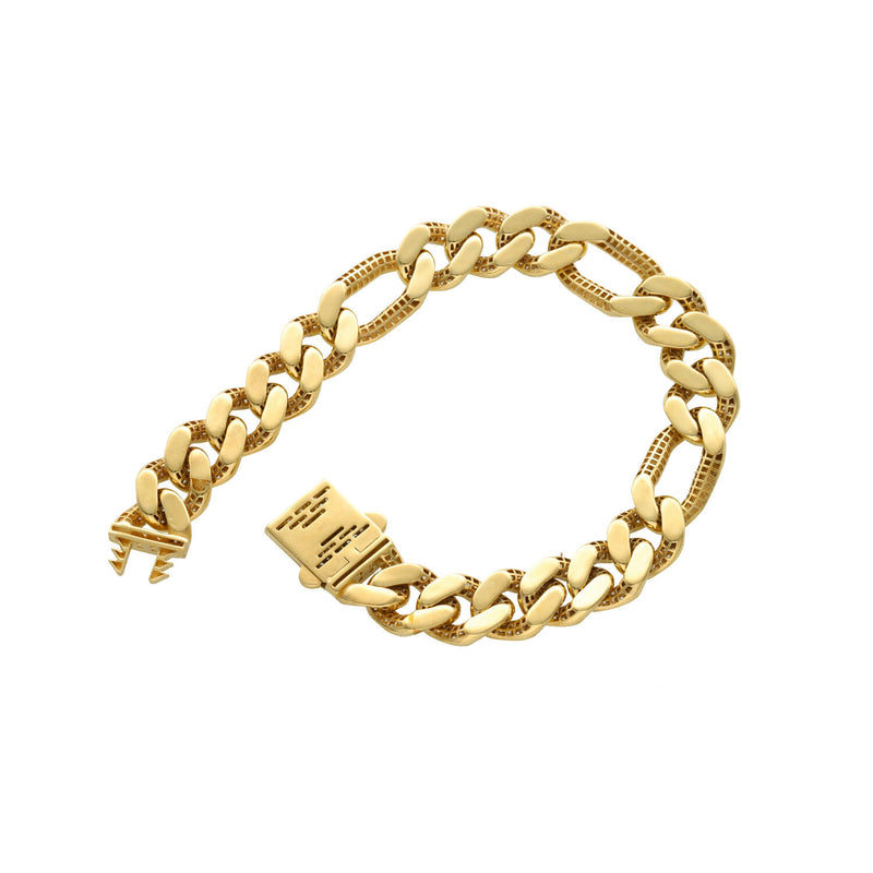 Gold & CZ lock Cuban Figaro Bracelet 14 Karat 