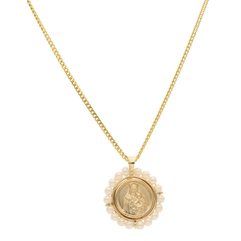 14 Karat Gold Cuban Chain & Double Sided Pearl Medal