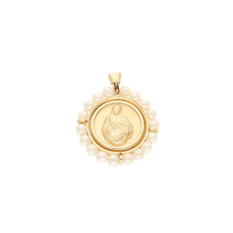 14 Karat Gold & Pearls Double Sided Virgin Mary - Sacred Heart Medal