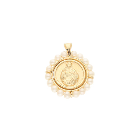 14 Karat Gold & Pearls Double Sided Virgin Mary - Sacred Heart Medal