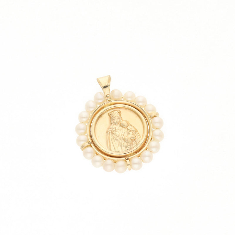 14 Karat Gold & Pearls Double Sided Virgin Mary - Sacred Heart Medal