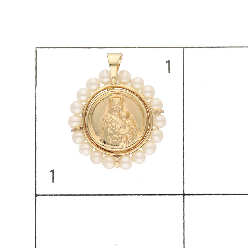 14 Karat Gold & Pearls Double Sided Virgin Mary - Sacred Heart Medal