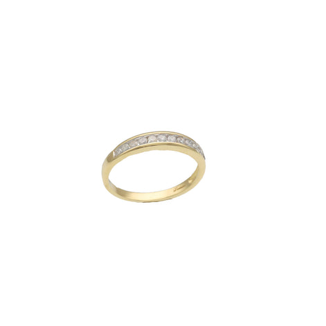 A 14 karat gold band with a central diamond, surrounded by smaller clear diamonds set in a white gold band.