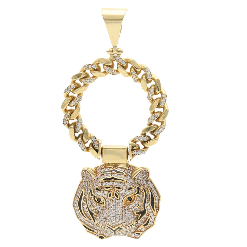 14 Karat Gold Cz Tiger Cuban Link Charm