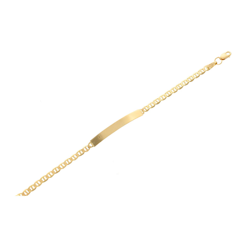A 10 karat solid gold mariner ID bracelet with a length of 6 inches and a thickness of 3.5mm with lobster lock in a white backghround.